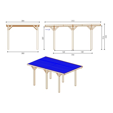 Carport, abri de voiture  3.04x5.12 m - 15.56 m2 - couverture PVC  2