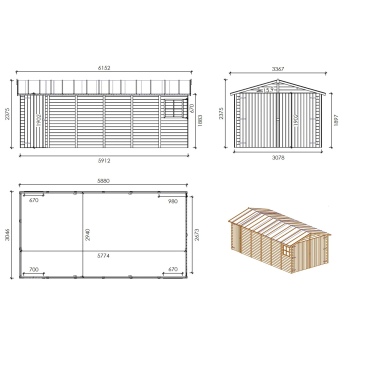 Garage en bois - 18.19m2 - 3.05x5.91m - Ep. 18mm - couleur: naturel 2