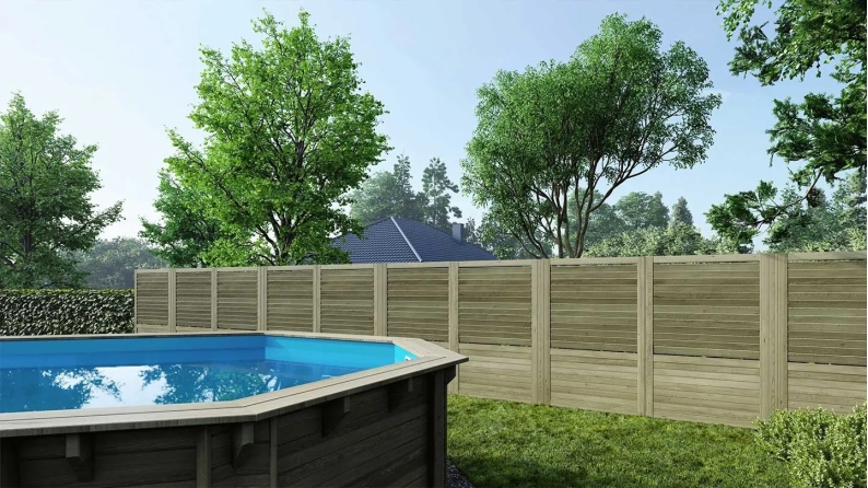 Clôture, panneaux bois persiennés, ensemble - imprégné en brun