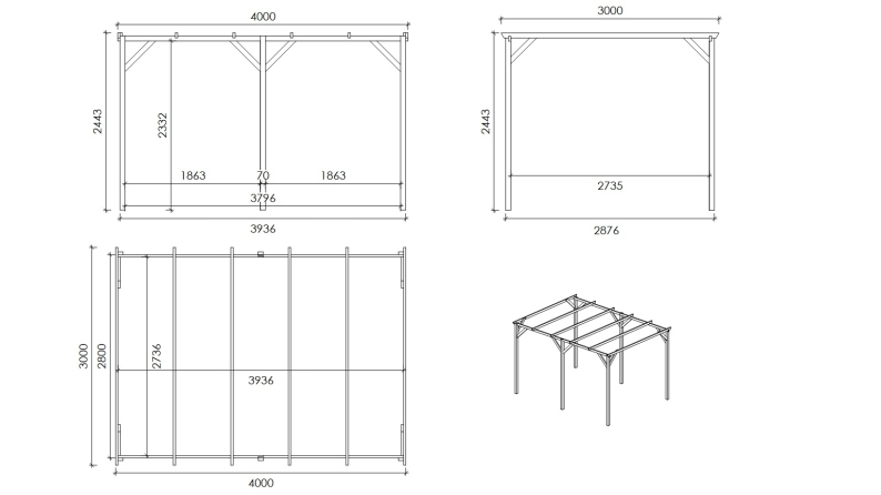 Carport, abri de voiture  3x4 m - 12 m2