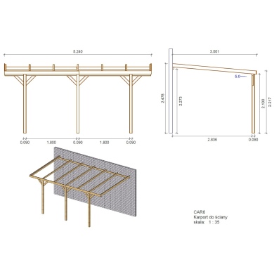 Carport, abri de voiture  3x5.24 m - 15 m2 - adossé  2