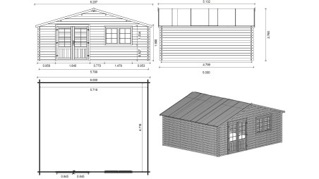 Abri de jardin en bois - 30m2 - 6x5m - Ep. 40mm - Couleur: naturel