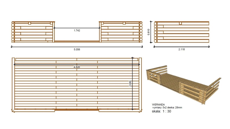 Abri de jardin en bois - 5x5 m + terrasse avec balustrade et avant-toit en bois - 35 m2