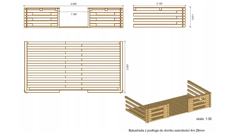 Terrasse en bois avec balustrade pour abri en bois - 8m2 - 4m x 2m - couleur: naturel