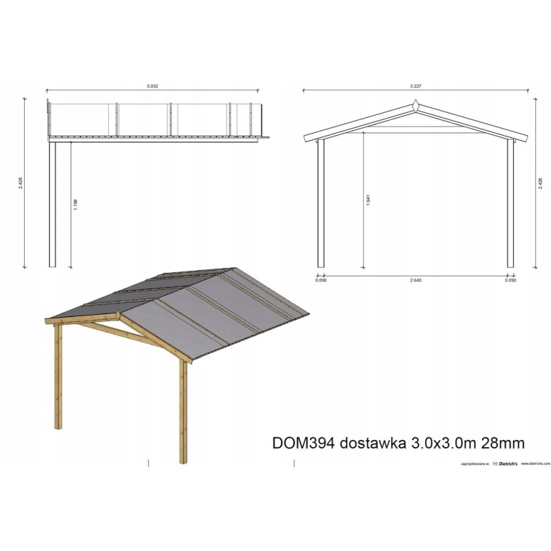 Avant-toit en bois 3x3m pour le chalet de jardin 3m, traité, 