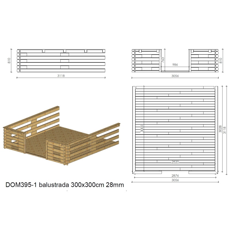 Terrasse en bois avec balustrade pour abri en bois - m2 - 3m x 3m - imprégnée - couleur: 