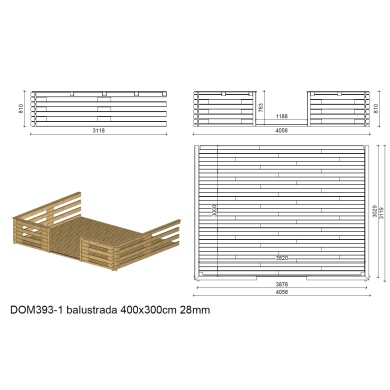 Terrasse en bois avec balustrade pour abri en bois - 12m2 - 4m x 3m - imprégnée - couleur: marron 2
