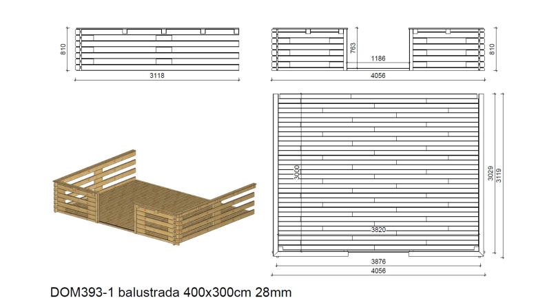 Terrasse en bois avec balustrade pour abri en bois - 12m2 - 4m x 3m - imprégnée - couleur: marron