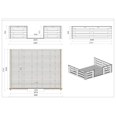 Terrasse en bois avec balustrade pour abri en bois - 12m2 - 4m x 3m - couleur: naturel 2