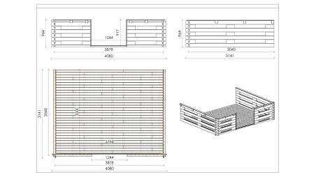 Terrasse en bois avec balustrade pour abri en bois - 12m2 - 4m x 3m - couleur: naturel