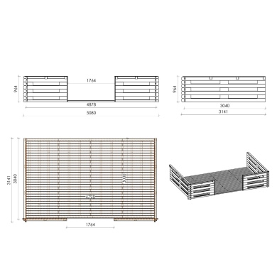 Terrasse en bois avec balustrade pour abri en bois - 15m2 - 5m x 3m - couleur: naturel 2