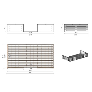 Terrasse en bois avec balustrade pour abri en bois - 18m2 - 6m x 3m - couleur: naturel 2