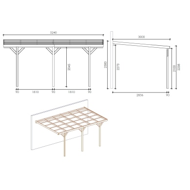 Carport, abri de voiture  3x5.24 m - 15 m2 - adossé  2