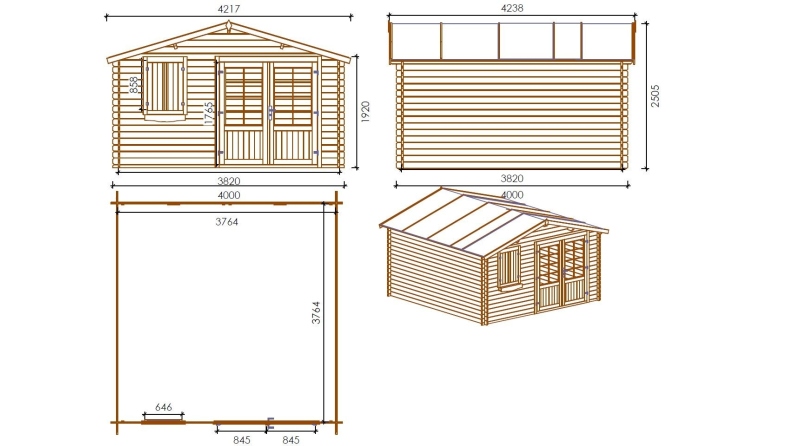 Abri de jardin en bois - 16m2 - 4x4m - Traité - Ep. 28mm - Couleur: marron