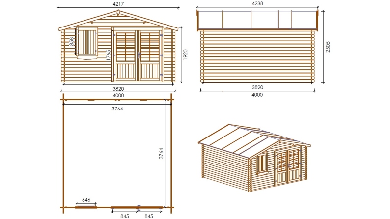 Abri de jardin en bois - 16m2 - 4x4m - Ep. 28mm - Couleur: naturel