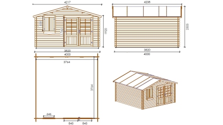 Abri de jardin en bois - 16m2 - 4x4m - Ep. 28mm - Couleur: naturel