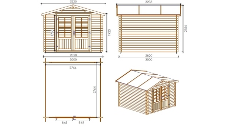 Abri de jardin en bois - 9m2 - 3x3m - Traité - Ep. 28mm - Couleur: 