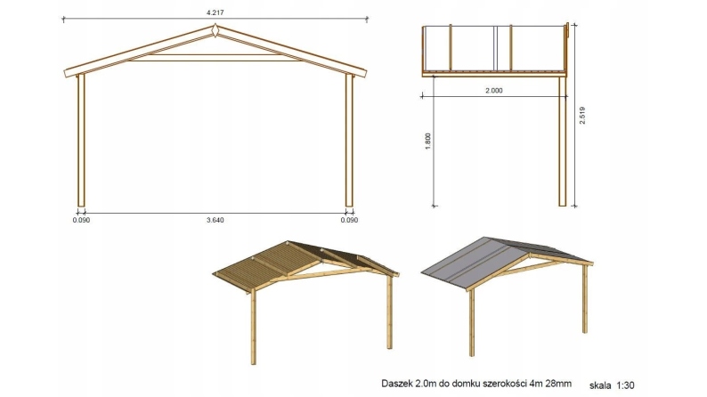 Avant-toit en bois 4x2m pour le chalet de jardin 4m, traité, marron