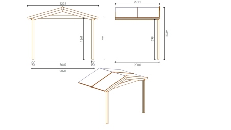 Avant-toit en bois 3x2m pour le chalet de jardin 3m, traité, marron