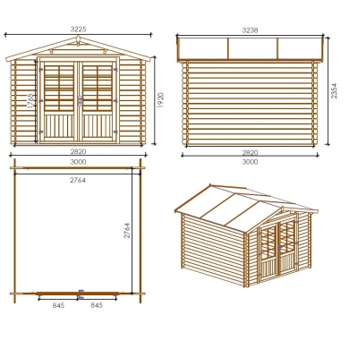 Abri de jardin en bois - 3x3 m + terrasse avec balustrade et avant-toit en bois - 18 m2 - Traité 2