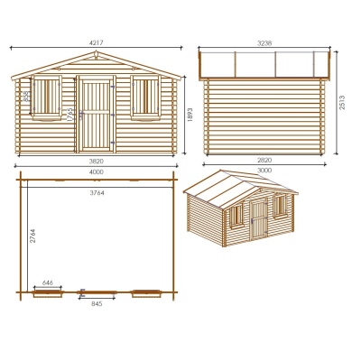 Abri de jardin en bois - 4x3 m + terrasse avec balustrade et avant-toit en bois - 24 m2 2