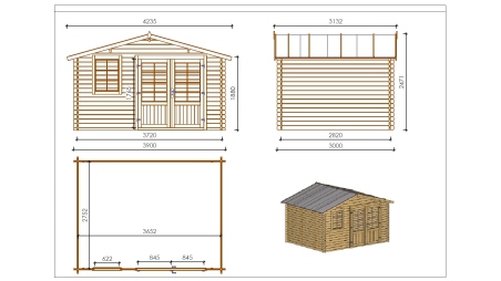 Abri de jardin en bois - 11.7m2 - 3.9x3m - Ep. 34mm - Couleur: naturel