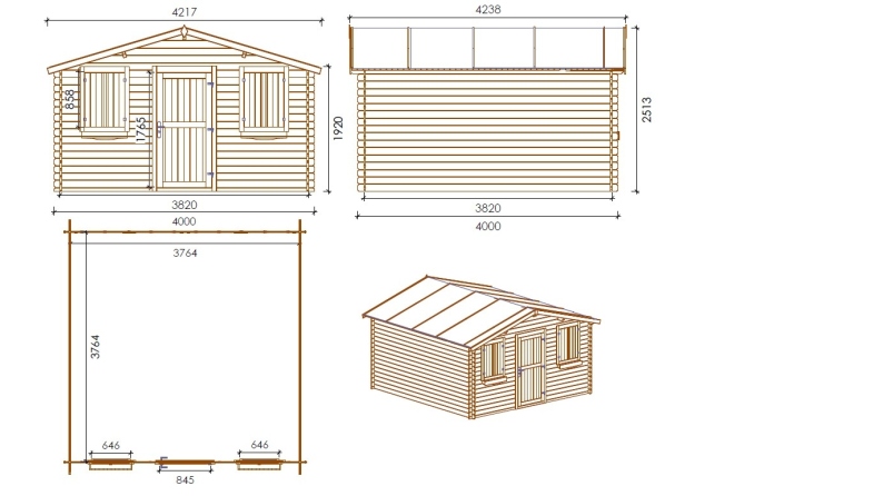 Abri de jardin en bois - 4x4 m + terrasse avec balustrade et avant-toit en bois - 24 m2 - Traité
