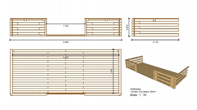 Abri de jardin en bois - 5x4 m + terrasse avec balustrade et avant-toit en bois - 30 m2