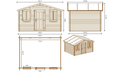Abri de jardin en bois - 4x3 m + terrasse avec balustrade et avant-toit en bois - 24 m2 - Traité