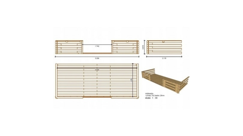 Abri de jardin en bois - 5x3 m + terrasse avec balustrade et avant-toit en bois - 35 m2