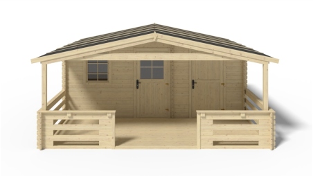 Abri de jardin en bois - 5x3 m + terrasse avec balustrade et avant-toit en bois - 35 m2
