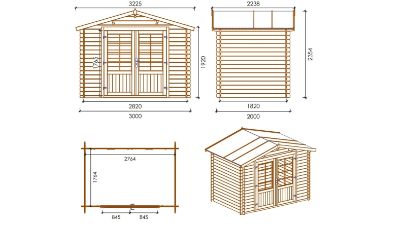 Abri de jardin en bois - 3x2 m + terrasse avec balustrade et avant-toit en bois - 15 m2