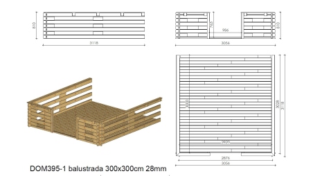 Abri de jardin en bois - 3x2 m + terrasse avec balustrade et avant-toit en bois - 15 m2