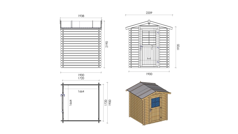 Abri de jardin en bois - 3.61m2 - 1.9x1.9m - Ep. 28mm - Couleur: naturel