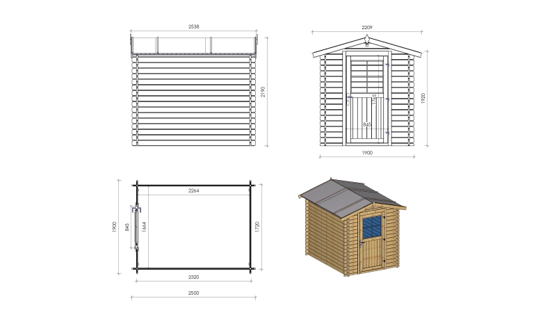 Abri de jardin en bois - 4.75m2 - 1.9x2.5m - Ep. 28mm - Couleur: naturel