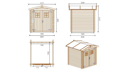 Abri de jardin en bois - 4m2 - 2x2m - Ep. 19mm - Couleur: naturel