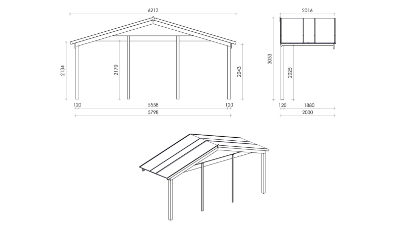 Avant-toit en bois 6x2m pour le chalet de jardin 6m, couleur naturel
