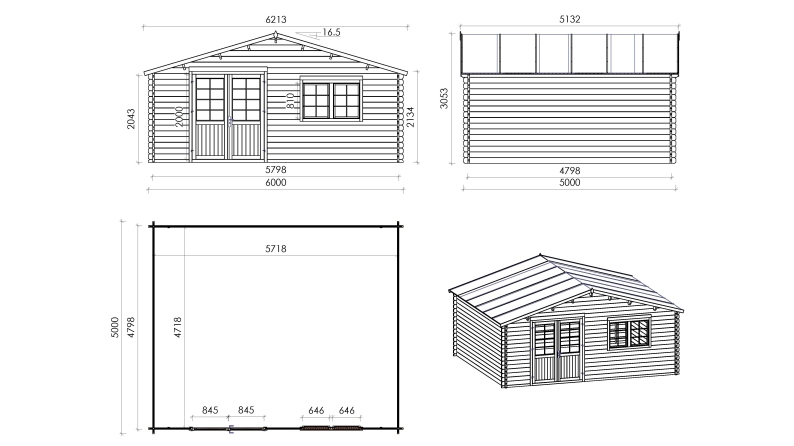 Abri de jardin en bois - 6x5 m + terrasse avec balustrade et avant-toit en bois - 42 m2