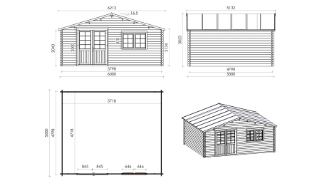 Abri de jardin en bois - 6x5 m + terrasse avec balustrade et avant-toit en bois - 42 m2