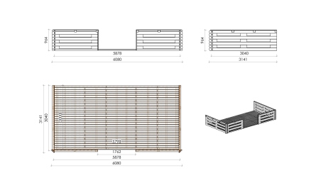 Abri de jardin en bois - 6x5 m + terrasse avec balustrade et avant-toit en bois - 48 m2