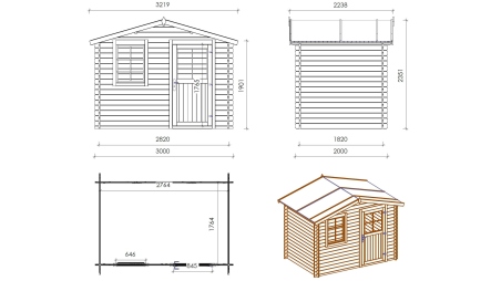 Abri de jardin en bois - 6m2 - 3x2m - Ep. 28mm - Couleur: naturel