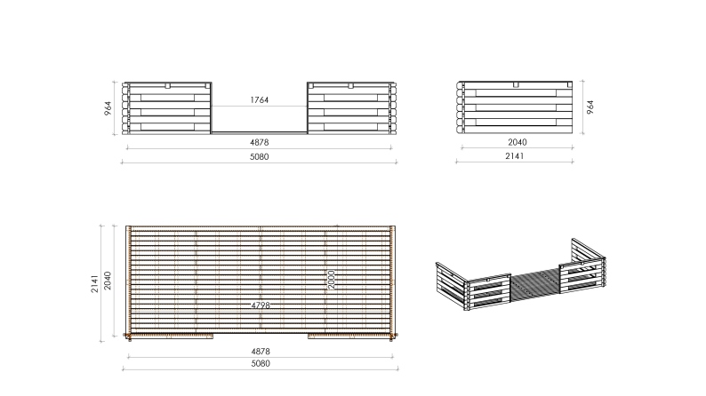 Abri de jardin en bois - 5x5 m + terrasse avec balustrade et avant-toit en bois - 35 m2