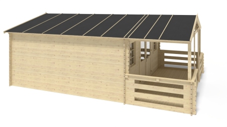 Abri de jardin en bois - 5x5 m + terrasse avec balustrade et avant-toit en bois - 35 m2
