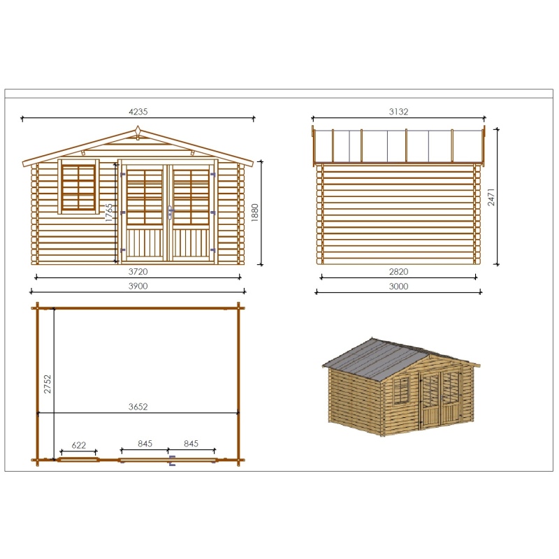 Abri de jardin en bois - 11.7m2 - 3.9x3m - Traité - Ep. 34mm - Couleur: 