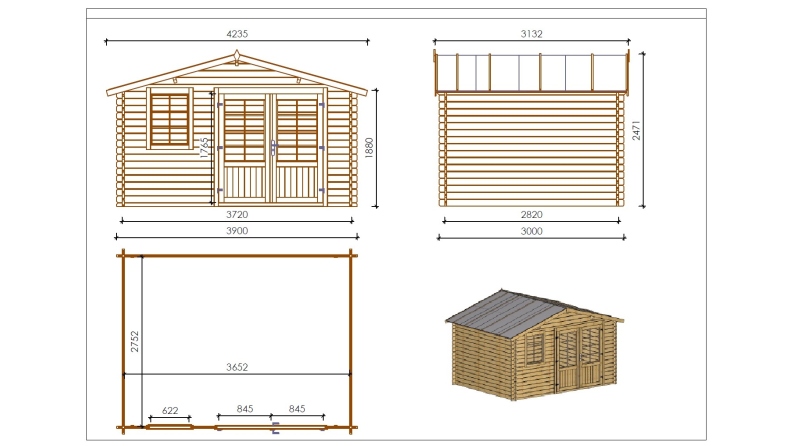 Abri de jardin en bois - 11.7m2 - 3.9x3m - Traité - Ep. 34mm - Couleur: marron