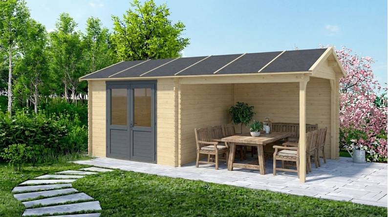 Abri de jardin en bois - 17.4m2 - 5.79x3m - Ep. 28mm - Couleur: naturel