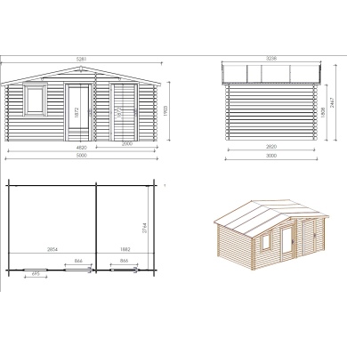 Abri de jardin en bois - 15m2 - 5x3m - Ep. 28mm - Couleur: naturel 2