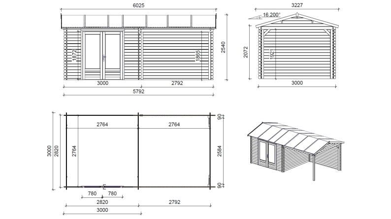 Abri de jardin en bois - 17.4m2 - 5.79x3m - Ep. 28mm - Couleur: naturel