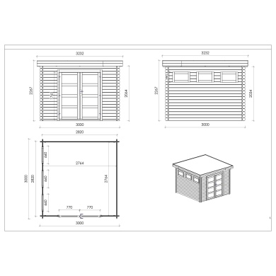 Abri de jardin en bois - 9m2 - 3x3m - Traité - Ep. 28mm - Couleur: marron 2