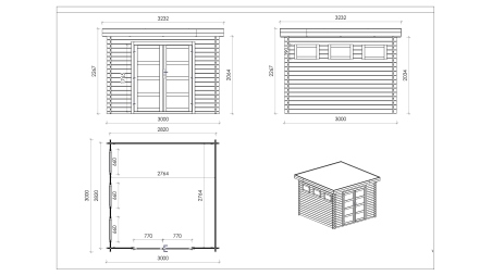 Abri de jardin en bois - 9m2 - 3x3m - Traité - Ep. 28mm - Couleur: marron